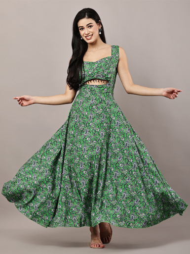 Women Green Paisley Printed Fit & Flare Maxi Dress with Front Cut-Out and Lace-Up Back